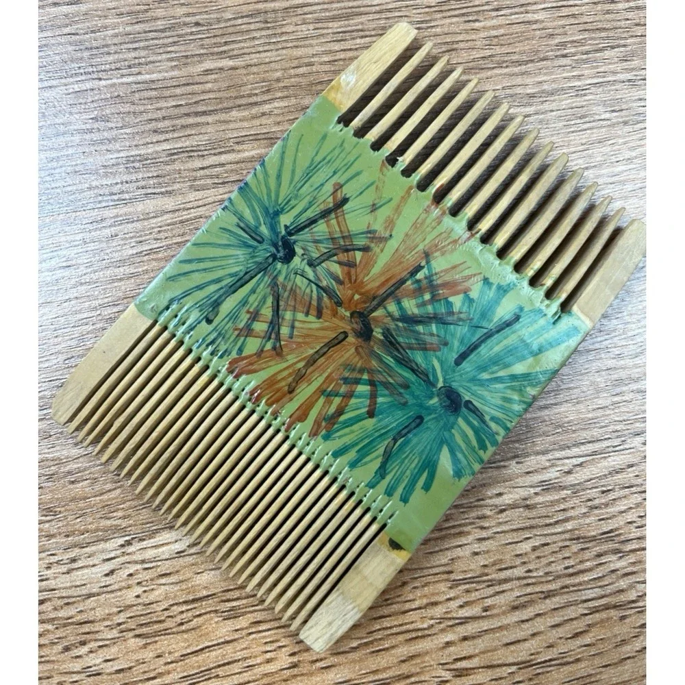 Vintage Hand‎ Carved, Hand Painted Double Sided Comb Pick
